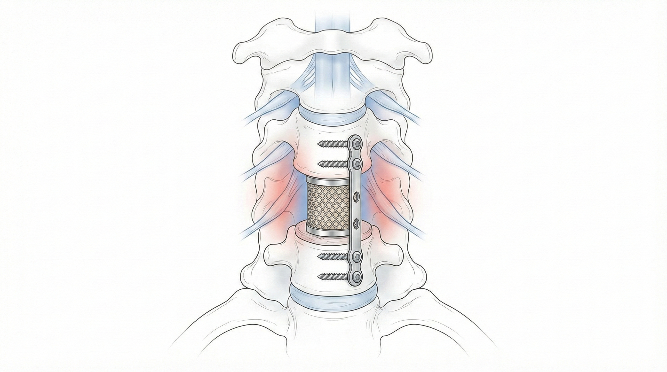 Ilustración frontal de columna cervical con caja intersomática y placa tras corpectomía, mostrando descompresión extensa y estabilización con tornillos.